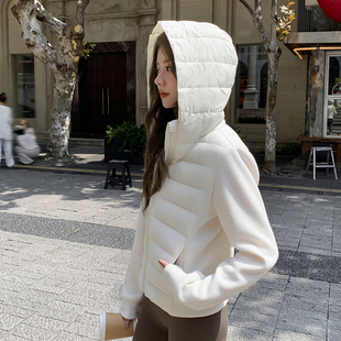 lulu系90白鹅绒羽绒服女新拼接瑜伽户外运动服轻薄款带帽短款外套