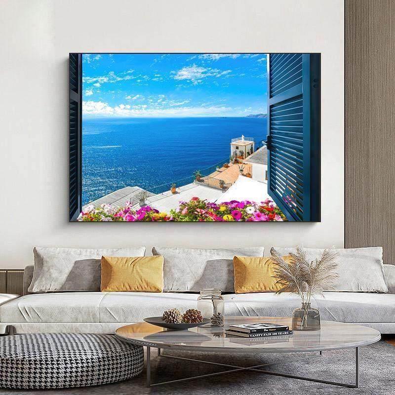 大海空间延伸感装饰画客厅油画风景挂画餐厅假窗户卫生间动态壁画图片