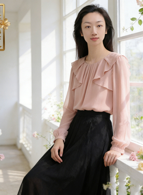 温柔风荷叶边雪纺衫女长袖圆领宽松显瘦百搭上衣