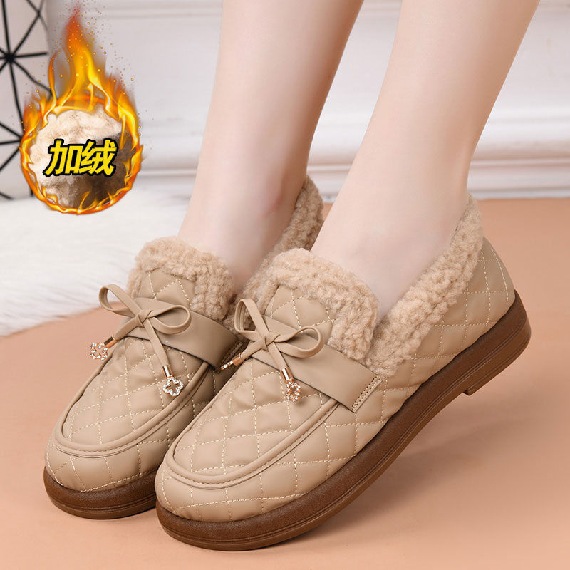 2025新款休闲鞋冬加绒防滑外穿懒人一脚蹬厚底妈妈豆豆鞋软底轻便
