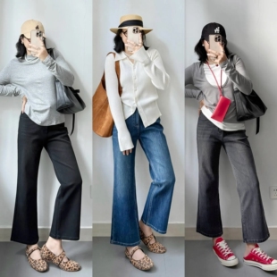 显瘦立体微喇叭九分裤 2025秋季 女 四面弹力高腰牛仔微喇裤 新款