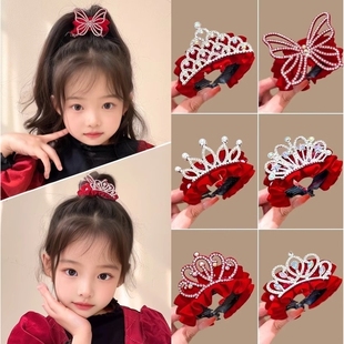 儿童新年皇冠发夹头饰女童丸子头马尾扣发卡红色喜庆女孩公主发饰