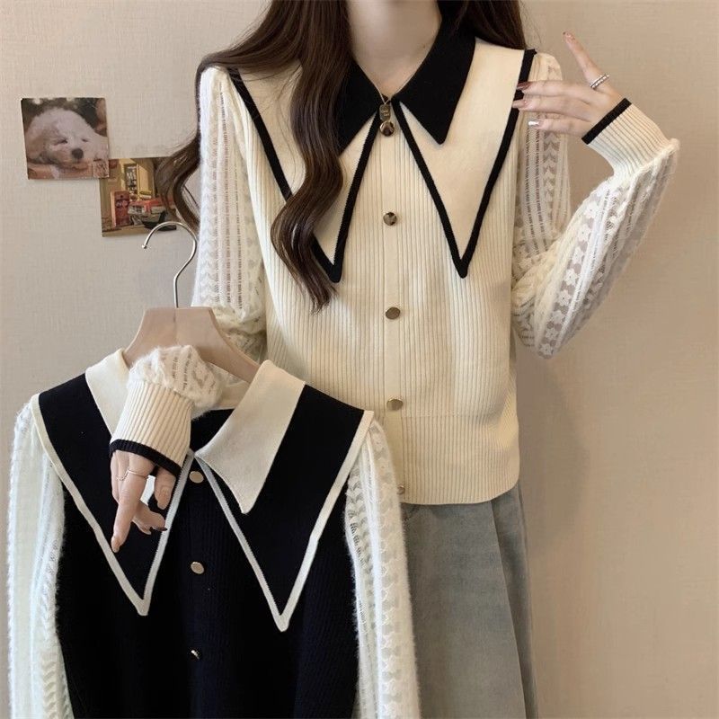2025新款大码女装撞色娃娃领长袖针织衫秋冬季复古百搭洋气上衣