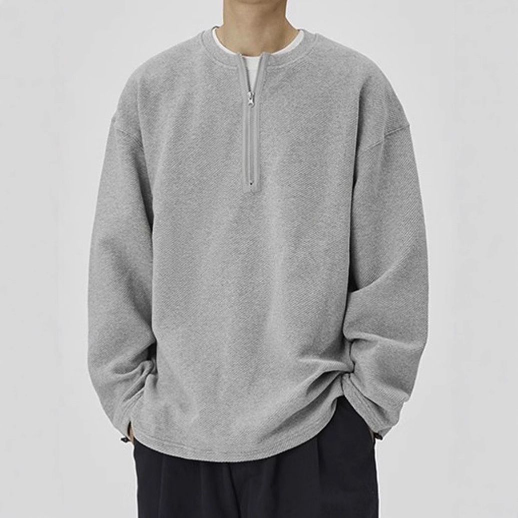 秋季卫衣男款休闲宽松重磅打底衫2025新款潮半拉链无领浅灰色上衣