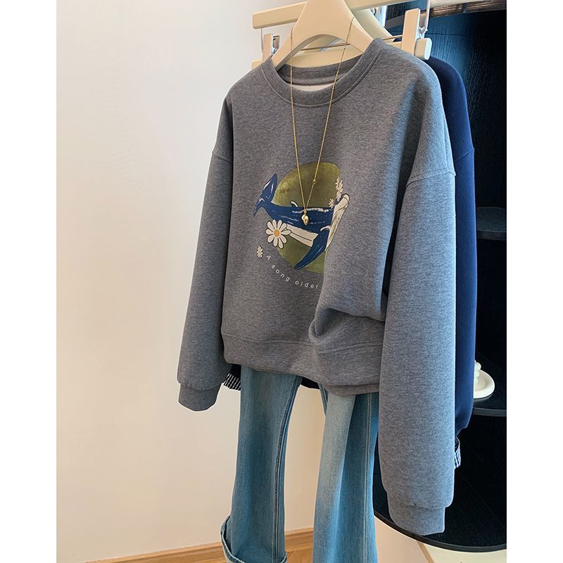 灰色印花无帽圆领卫衣女春秋季薄款小众设计感韩系小个子上衣
