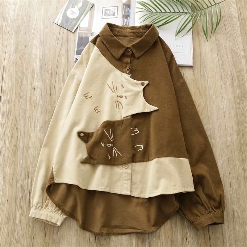 商场折扣店撤柜文艺减龄卡通猫咪灯芯绒长袖衬衫polo翻领撞色上衣