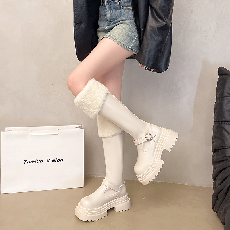 复古英伦风粗跟厚底长筒靴女2025新款秋冬季显瘦长靴骑士棉靴子