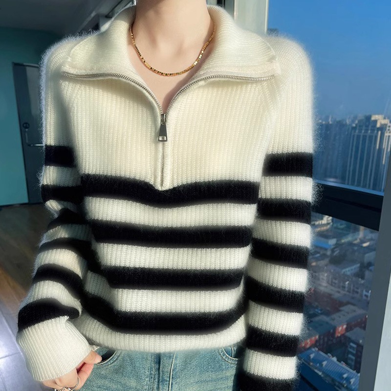 半拉链撞色条纹高领毛衣打底衫女内搭加厚秋冬季羊绒翻领外穿上衣