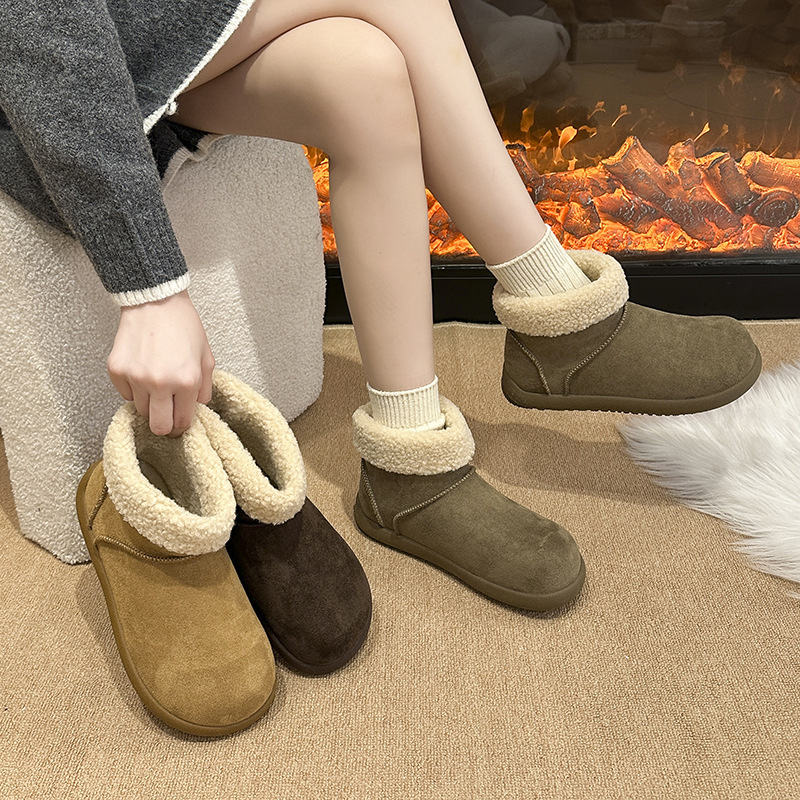 2025秋冬季厚底丑萌面包勃肯鞋短靴女复古一脚蹬雪地靴短筒棉靴子