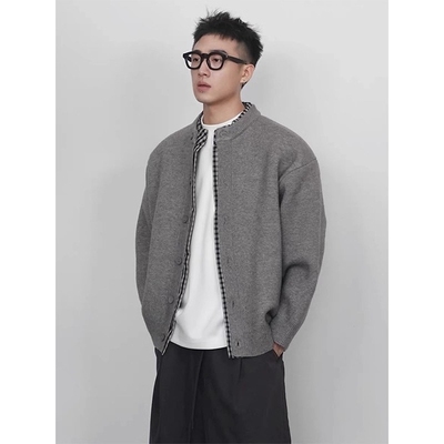 高知miu系灰色假两件格子拼接针织衫男秋季淡人高知穿搭开衫外套
