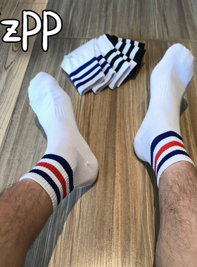 3双装 学院风三条杠条纹运动中长筒袜子ins男纯棉中筒吸汗袜子