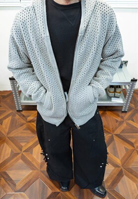 网纹镂空毛衣外套PUPIL旅行春秋季休闲百搭宽松连帽拉链开衫