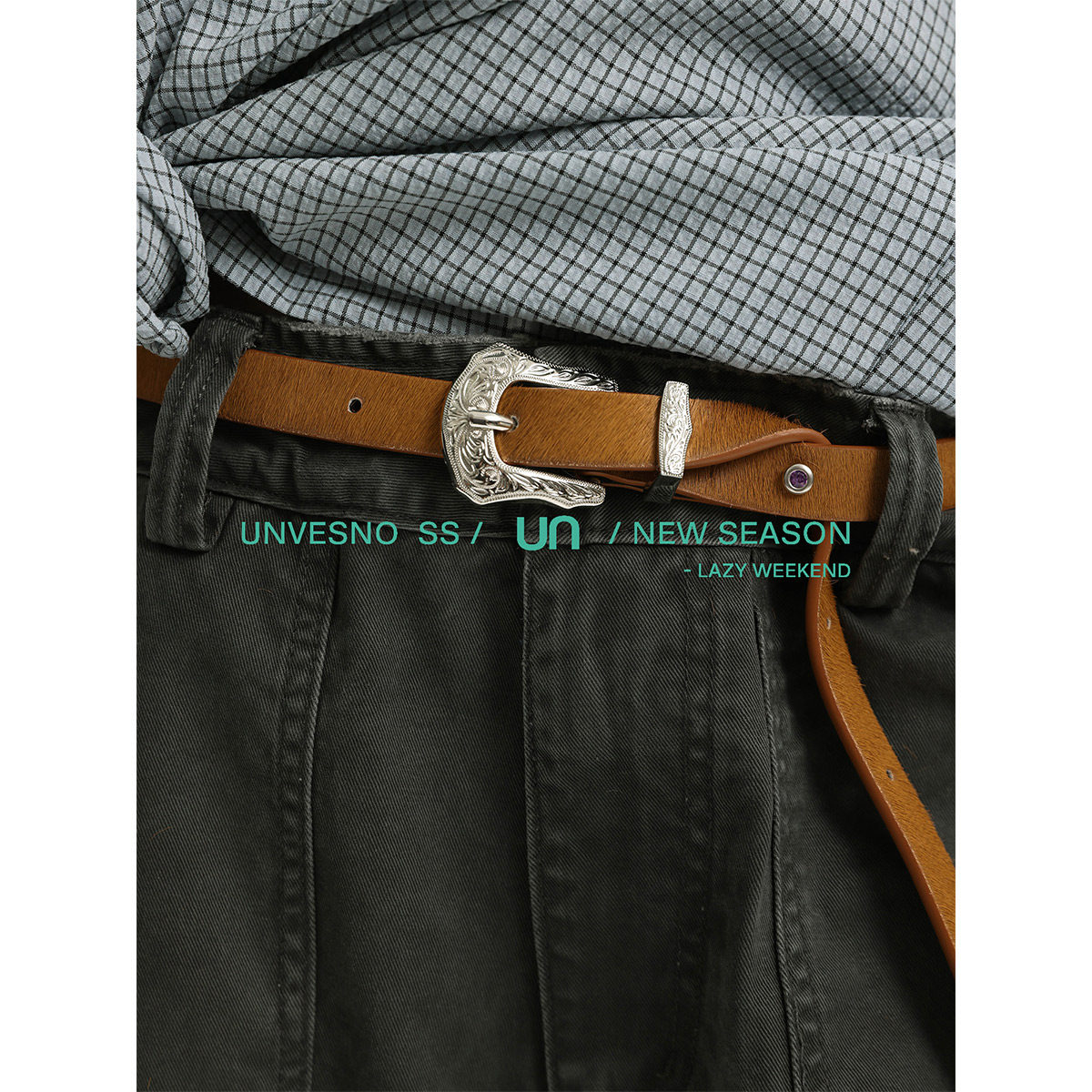 Unvesno (UN) 复古真皮马毛腰带亮银合金扣头复古皮带 男女