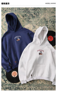 ACTIONS美式小狗黑胶唱片刺绣加绒连帽卫衣短宽版型加厚保暖帽衫