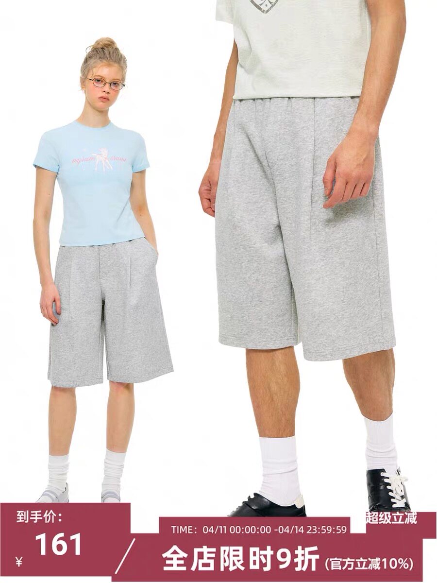 MYSAMESAME26SS慵懒风阔腿短裤松紧腰褶皱宽松休闲运动五分裤男女