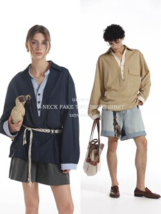 【假两件】Unvesno(UN)老钱莱赛尔天丝V领撞色宽松休闲长袖衬衫