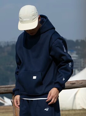 ACTIONS基础刺绣加绒连帽卫衣美式复古短宽简约加厚保暖纯色帽衫