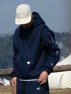 ACTIONS基础刺绣加绒连帽卫衣美式复古短宽简约加厚保暖纯色帽衫