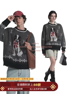 【毛茸茸】Unvesno(UN)复古伯恩山犬提花圆领套头针织衫羊毛毛衣