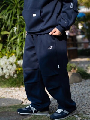 ACTIONS秋冬基础刺绣加绒卫裤宽松褶边阔腿抽绳松紧束脚休闲长裤