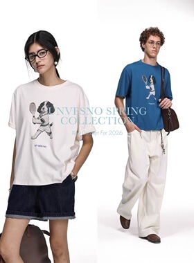 【纯棉】Unvesno(UN)“Ace Pup 王牌史宾格活力网球犬趣味印花T恤