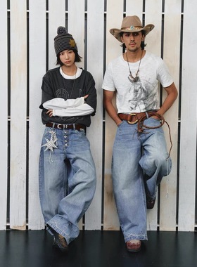 不路牌 马刺西部定织牛仔裤美式复古直筒阔腿牛仔长裤PROS BY CH