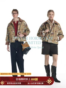 【马年限定】Unvesno(UN)中古感西部牛仔赛马满印拼马毛领夹克