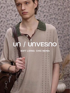 【撞色镂空】Unvesno(UN)重工钩花翻领亚麻莱赛尔混纺针织Polo衫