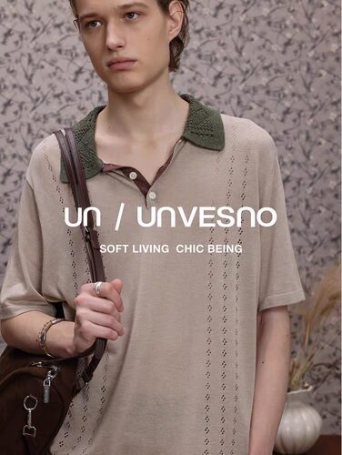 【撞色镂空】Unvesno(UN)重工钩花翻领亚麻莱赛尔混纺针织Polo衫