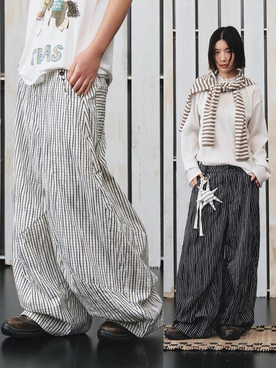 不路牌「黑白色」格纹休闲裤直筒情侣复古阔腿裤 PROS BY CH