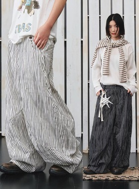 不路牌「黑白色」格纹休闲裤直筒情侣复古阔腿裤 PROS BY CH