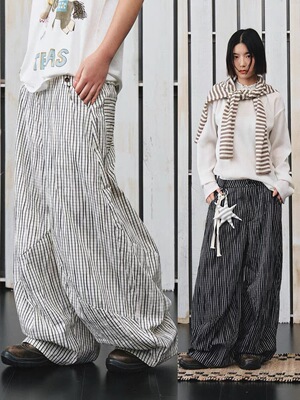 不路牌「黑白色」格纹休闲裤直筒情侣复古阔腿裤 PROS BY CH