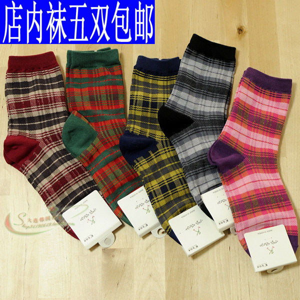 韩国进口复古彩色格子女生棉袜子女士棉质短袜子