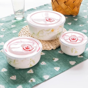 保鲜碗三件套可微波炉专用陶瓷碗冰箱泡面碗饭盒汤面碗带盖陶瓷碗