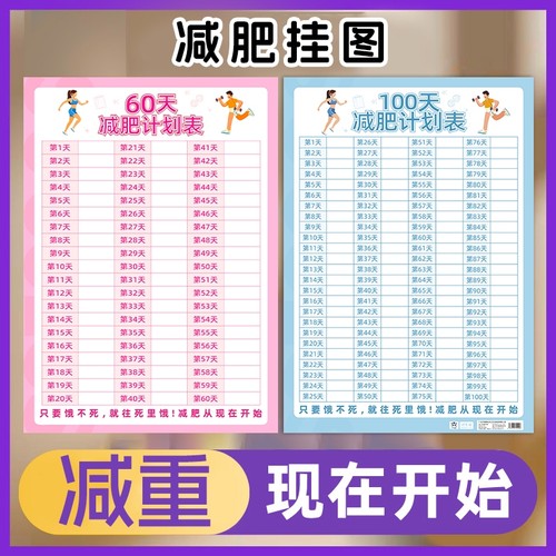 减肥计划打卡表墙贴60天+100天励志自律表拖延症监督饮食时间管理