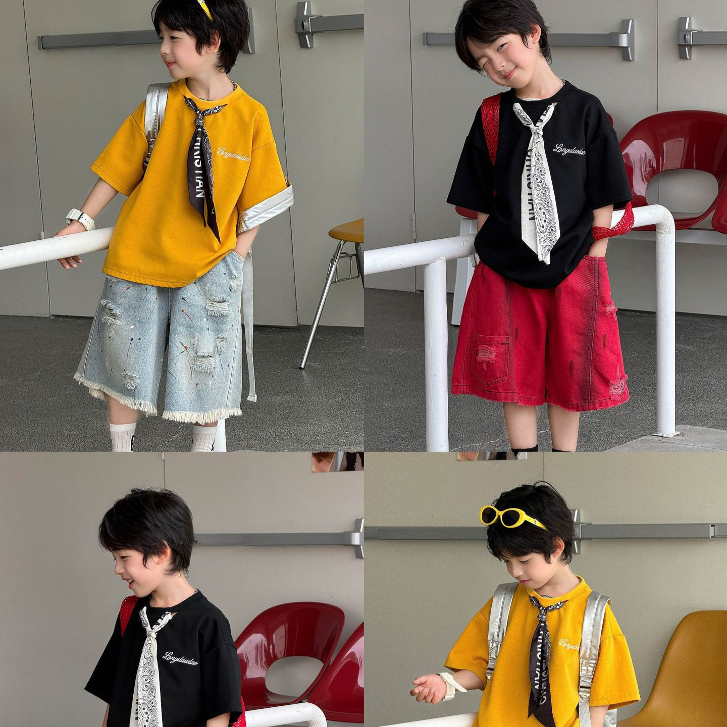 2026夏季新款儿童韩版纯色领带短袖男童薄款休闲半袖上衣潮