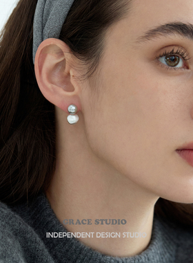 G/S都市街头 时髦高级感银灰色珍珠耳环女哑光银色金属小球耳饰