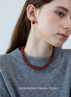 G/S 极简复古红色玛瑙圆球耳环项链新中式串珠锁骨链耳钉马年礼物