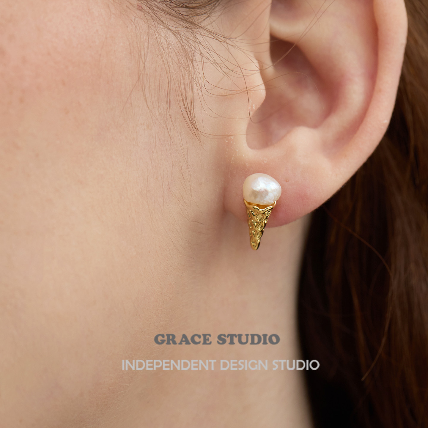 G/S 可爱趣味冰淇凌甜筒珍珠小耳钉韩国小众设计精致淡水珍珠耳环