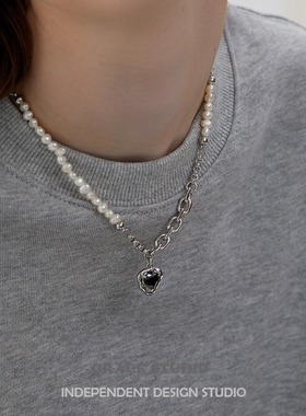 G/S罗曼蒂消亡 甜酷时髦休闲珍珠爱心项链黑色拼接锁骨链毛衣链