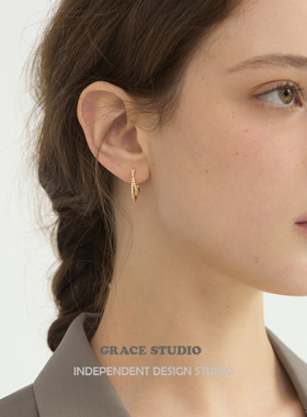 G/S法国女孩 高智感精致金属锆石线条耳环小众双层设计耳饰耳圈女