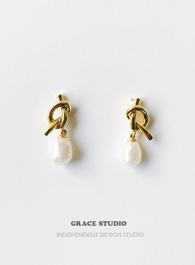 G/S 法国女孩 vintage复古气质天然珍珠镀金打结耳钉法式优雅耳环