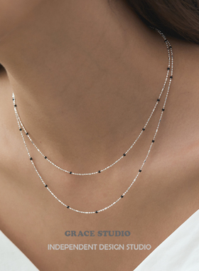 G/S 轻奢高级感纯银黑色隔珠锁骨链女冷淡风叠戴素链项链s925颈链