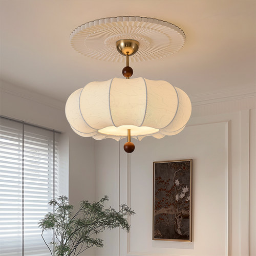 法式复古卧室吊灯布艺花纹中古餐厅南洋实木温馨主卧室房间吸顶灯