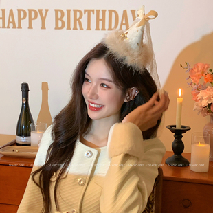 少女蝴蝶结网纱飘带生日帽子发夹羽毛小礼帽夹子头饰公主拍照道具