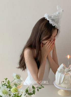 白色蕾丝蝴蝶结生日头饰生日帽发夹礼帽女生珍珠帽子发饰拍照道具
