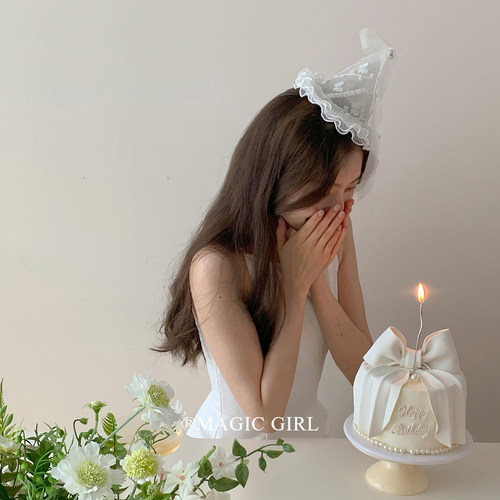 甜美蕾丝蝴蝶结珍珠生日帽发夹