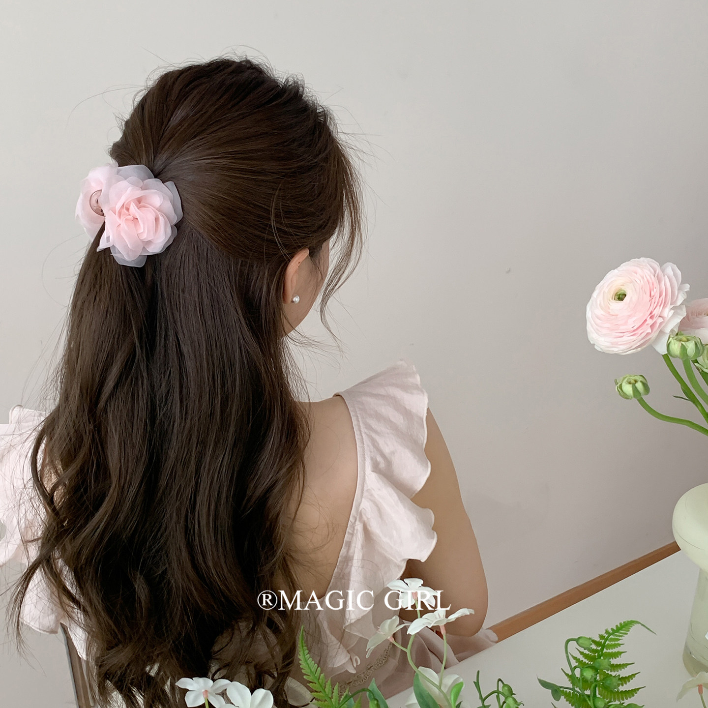 超仙温柔粉色绢纱花朵发夹半扎发抓夹女玫瑰花鲨鱼夹小号头饰发饰