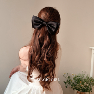 高级黑色缎面蝴蝶结发夹头饰超大气质半扎发饰温柔发卡夹子弹簧夹