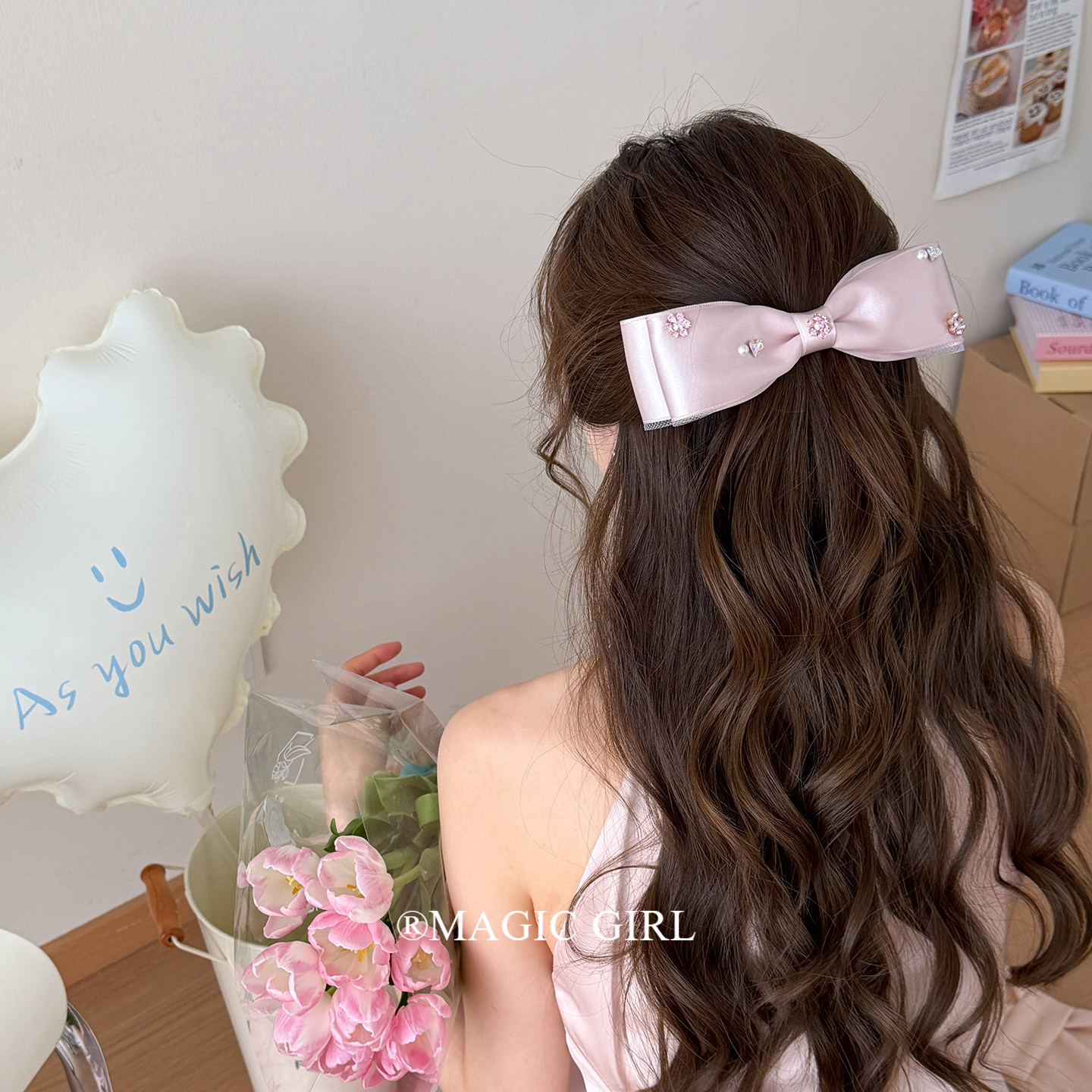 超甜樱花粉色水钻蝴蝶结发夹发饰甜美超大半扎发头饰温柔弹簧夹女